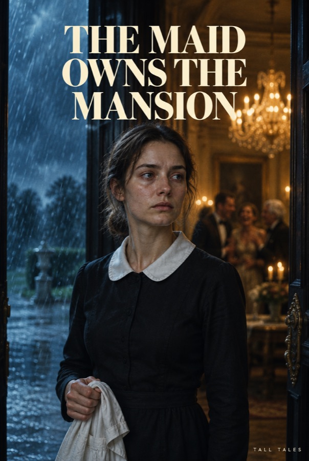 Key art A: the maid in the mansion doorway, rain behind her
